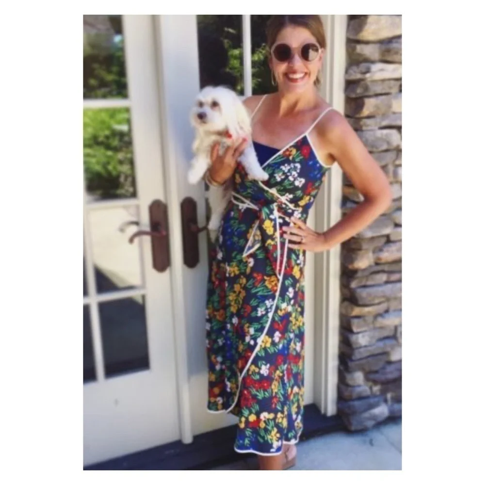 TORY BURCH Navy Blue Floral Grotto Midi Wrap Dress Size 8